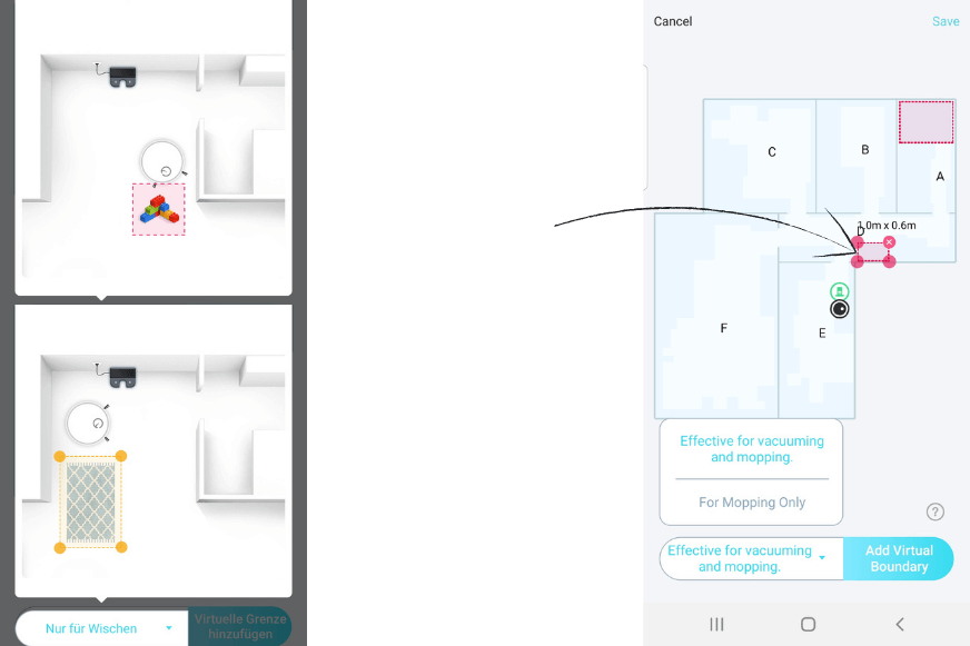 Запретные зоны обозначены в приложении Yeedi Арр